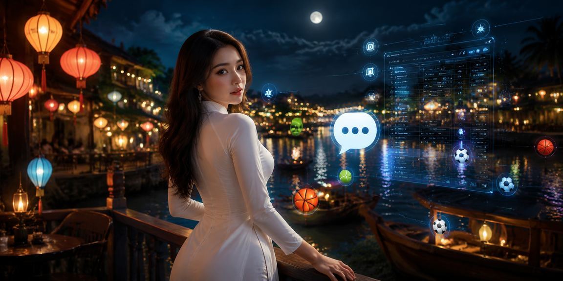 Không gian casino cao cấp tại Hội An với trang phục áo dài và ánh đèn lung linh